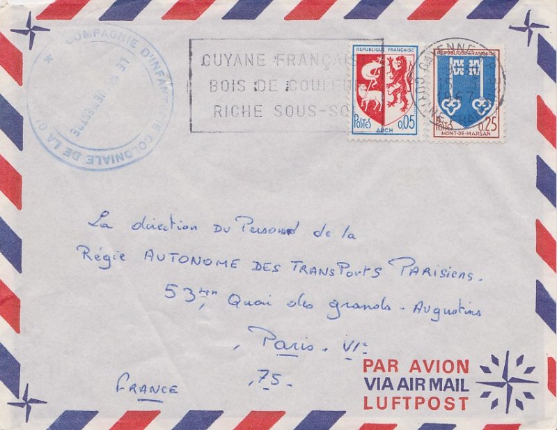 French Guiana France Auch Arms and 25c Mont-de-Marsan Arms 1967 Cayenne R.P.,...