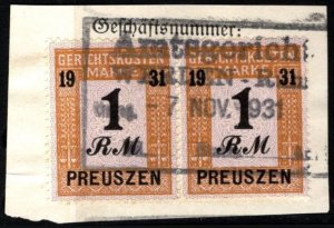 1930 Germany Prussia Revenue 1 Reischmark Court Fees Pair w/Official Cancel