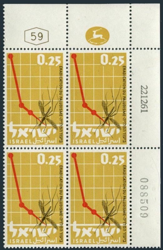 Israel 218 plate block/4,MNH.Michel 253. WHO drive to eradicate Malaria,1962.