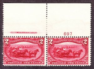 US 286 2c Trans-Mississippi Mint Plate #697 Top Pair F-VF OG NH SCV $160