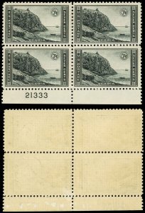 US Sc 746 MNH BLOCK of 4 w/PLATE# - 1934 Nat'l Parks 7¢ Acadia - See Desc