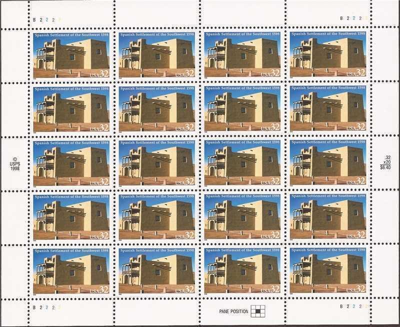 US Stamp 1998 32c Spanish Settlement of Southwest - 20 Stamp Sheet #3220