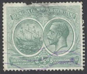 Bermuda Sc# 56 Cull (top thin) 1920-1921 1/2p green Seal of the Colony & KGV