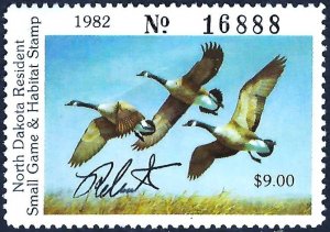 ND1 1982 NORTH DAKOTA 1st State Duck Stamp Artist Signed (PLASSCHAERT) OGNH
