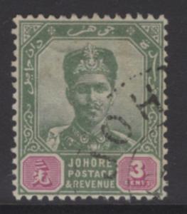 MALAYA JOHORE SG41a 1896 3c GREEN & DULL CLARET USED