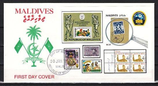 Maldives, Scott cat. 1598. Scout Jamboree, IMPERF s/sheet. First day cover.