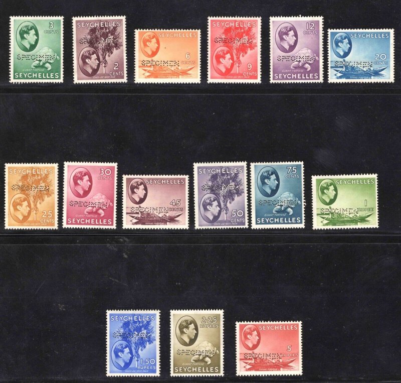 MOMEN: SEYCHELLES SG #135s/149s SPECIMEN 1938/49 MINT PART OG H £600 LOT #66538
