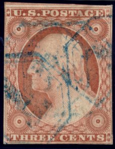 US 10A 3c 1851 orange brown, position 66L1E PSAG cert VF blue octagon cancels