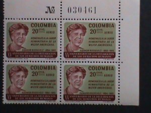 ​COLUMBIA-1964 SC# C462 ELEANOR ROOSEVELT-MNH IMPLINT PLATE BLOCK VERY FINE