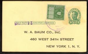 VENEZUELA 1949 40c POSTAL FISCAL on US 1c Postal Card to BAUM Co NYC USA