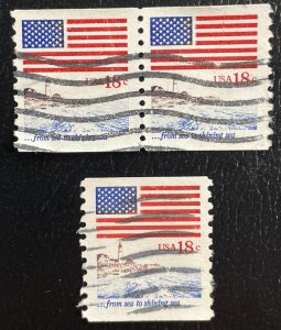 US #1891 Coil Pair Used + 1891 Coil Used ... from sea to shining sea 18c w/flag