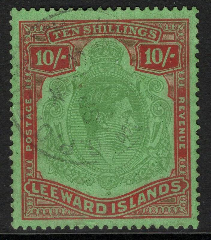 LEEWARD ISLANDS SG113a 1944 10/- PALE GREEN & DULL RED/GREEN ORD PAPER FINE USED