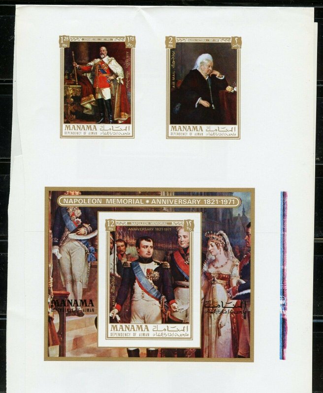 MANAMA NAPOLEON MEMORIAL SOUVENIR SHEET, BRITISH MONARCHS SET(12)  PROOFS IMPERF