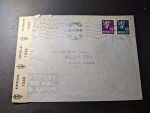 1945 Censored Norway Airmail Cover Bergen to New York NY USA Concrete Steel Co