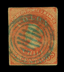 CHILE 1862 COLUMBUS - ESTANCOS - 5c carmine red Sc# 9a used BLUE CANCEL scarce