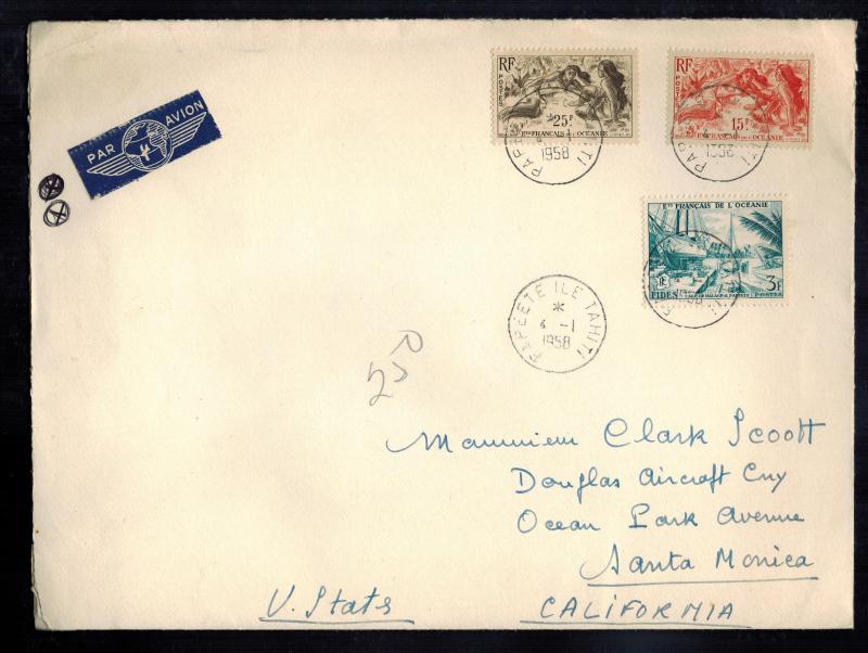 1958 Papeete Tahiti Overize Cover to USA w/card TAI Transports Ariens Interconti