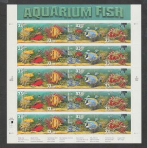 U.S. Scott #3317-3320 Aquarium Fish Stamps - Mint NH Sheet - UR B1 Plate