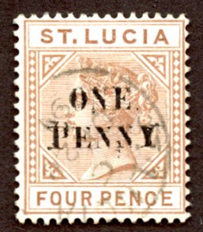 St Lucia 42 - Die A, used.  One Penny overprint of Four Pence. 2019 SCV $4.75