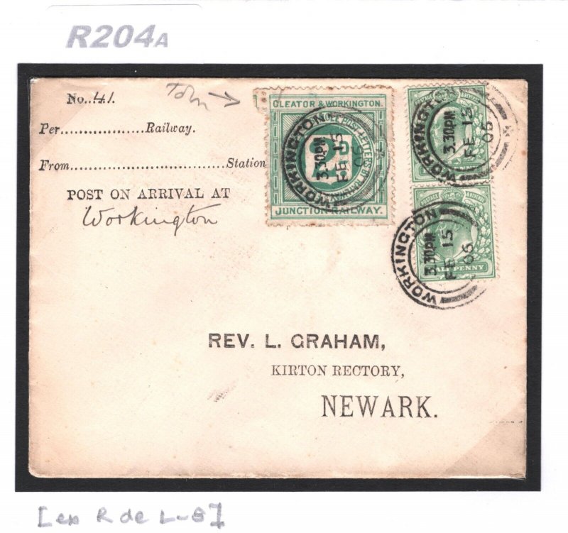 GB Cumberlnd RAILWAY 2d Letter Stamp CLEATOR WORKINGTON Station 1906 Cover R204a 