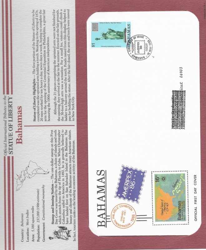 Statue of Liberty Bahamas. #601. 1986  FDC with write up.