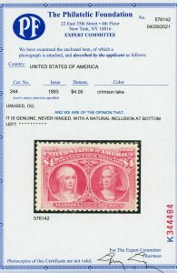 US Scott#244 Mint NH VF 1893 $4 Columbian, with 2021 PF Cert