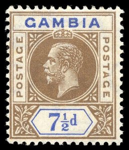 Gambia 1912 KGV 7½d brown & blue with SPLIT A variety VFM. SG 95a.