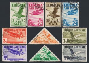 Liberia C4-C13, CTO. Michel 298-307. Airmail 1938. Eagle, Egrets, Planes.