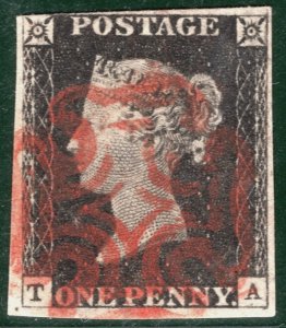 GB PENNY BLACK QV 1840 Stamp SG.2 1d Plate 2 (TA) VARIETIES Cat £375- REDS59