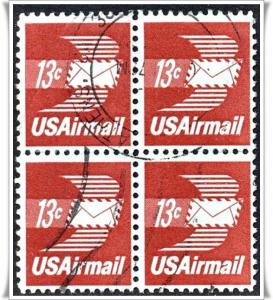 ♦SC#C79 13¢ Winged Airmail Envelope Block of Four (Used) 