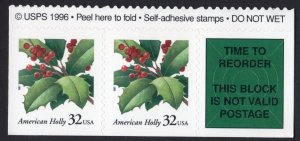 Scott #3177a American Holly Booklet Reorder Block of 2 Stamps - MNH