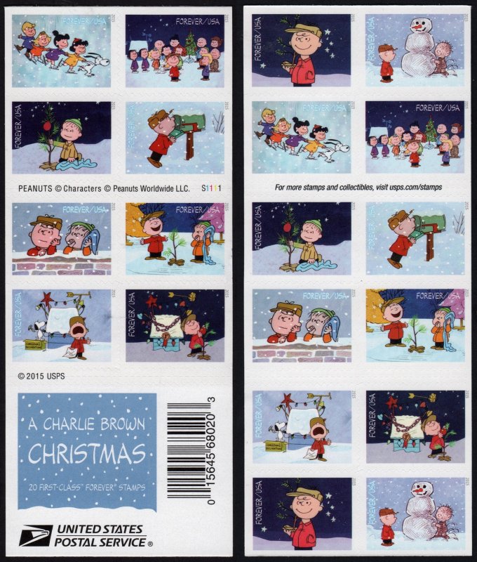 SC#5030b (49¢) Charlie Brown Christmas Booklet of Twenty (2015) SA