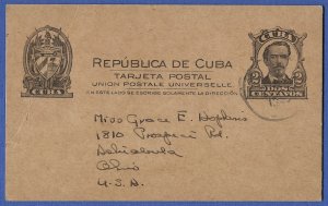 CUBA  1905 2c Caspedes Used postal card, H&G 40, Edifil 68 to USA 1945