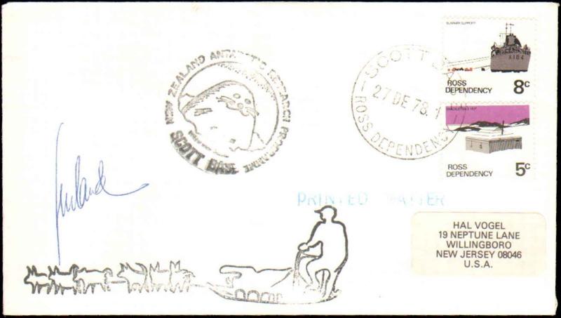 1978 NEW ZEALAND ROSS DEPENDENCY + CACHET + DOG SLED + SIGNED 