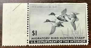 RW12 Migratory Bird Hunting Stamp, VF, Disturbed Gum, with Selvage 1945