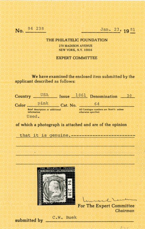 US Scott#64 VF 1861 3c Washington Pink, PF cert, SON target cancel, no faults