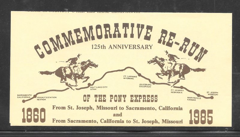 Just Fun Cover #2115 Sacramento - St Joseph Pony Express 125 Years Comm (my2729)