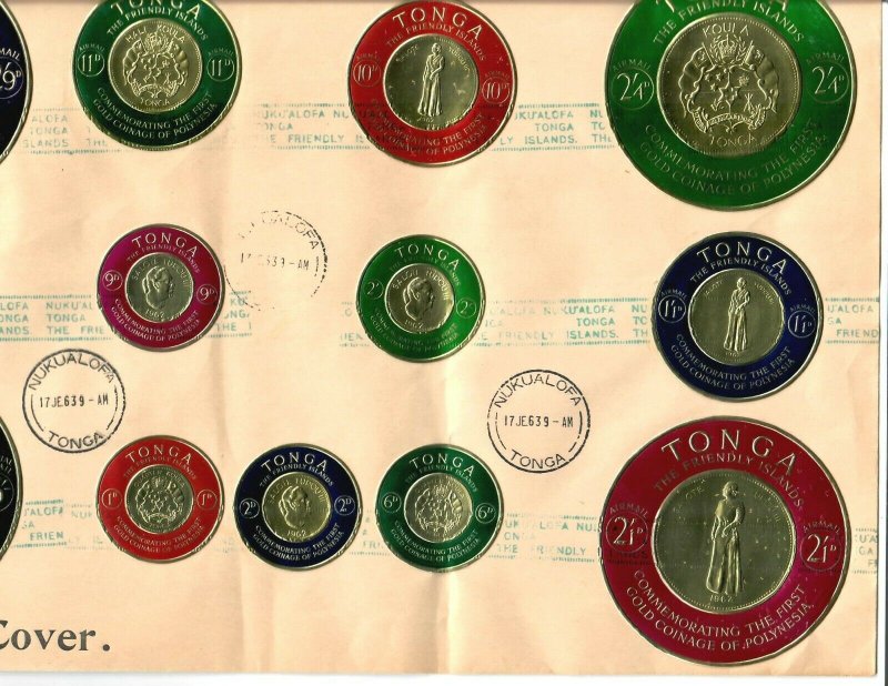 Tonga 2 covers 9 X 14 F.D.C. Gold Coins 2 sets 1963 Nukualofa, 1964 PPSEAWA