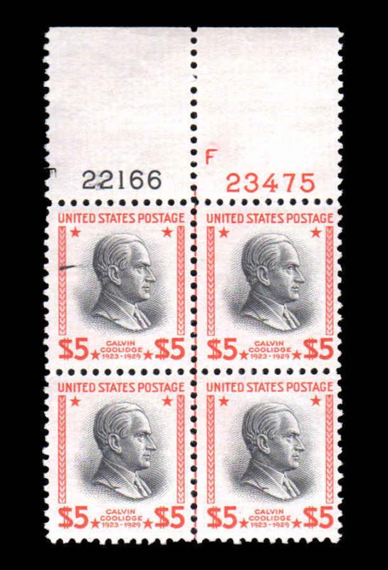 U.S. #834 $5.00 Coolidge MNH Plate Block Black Ink Printing Smear Top Left Stamp