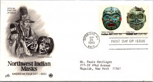 SCHALLSTAMPS UNITED STATES 1980 CACHET FDC COVER NW INDIAN MASKS ADDR CANC WA