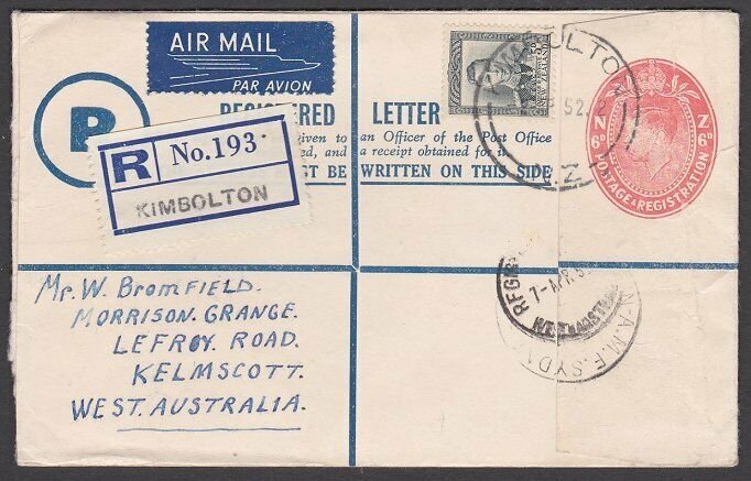 NEW ZEALAND 1952 6d Registered envelope + 5d used Kimbolton to Australia....L475