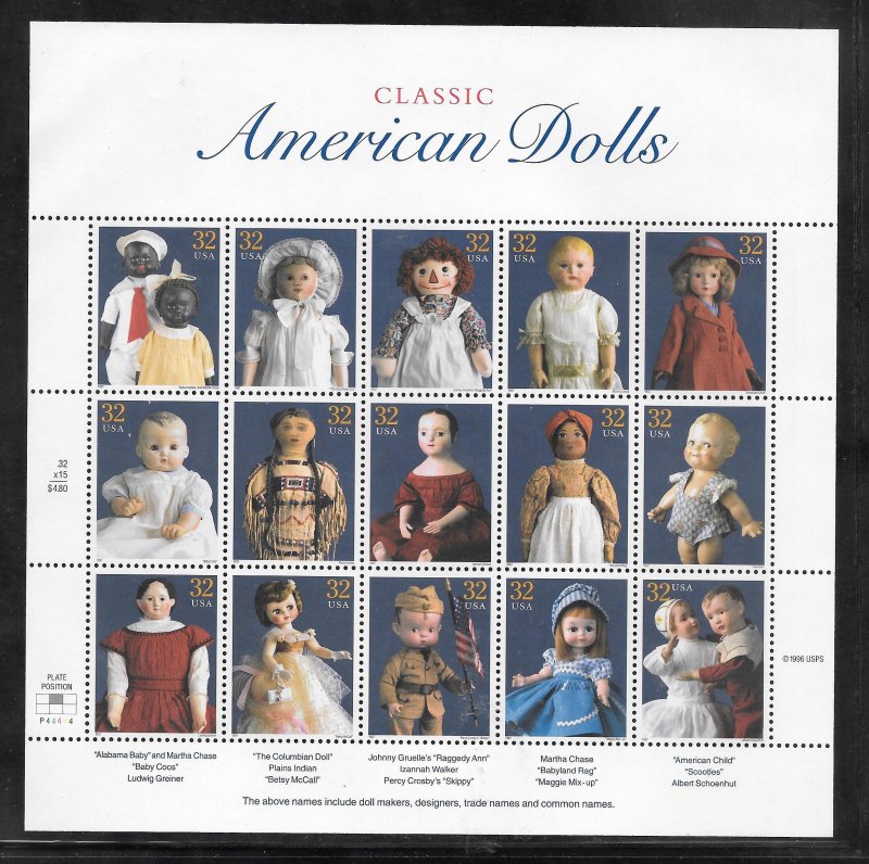 #3151 MNH Sheet CLASSIC AMERICAN DOLLS PLATE #P44444 PLATE POS #2