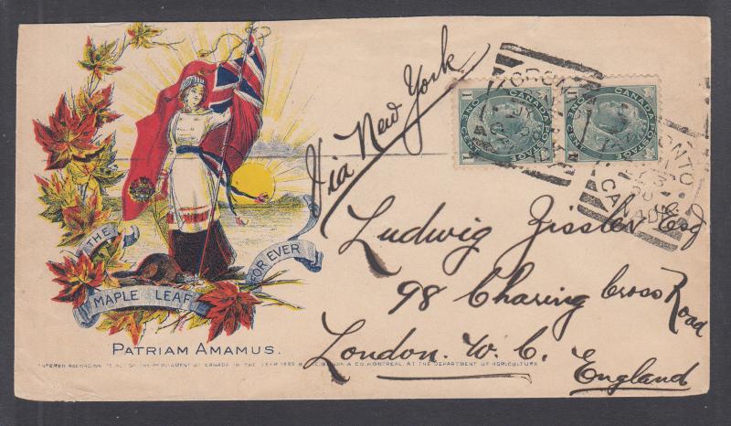 Canada Sc 75 pair on 1900 MAPLE LEAF FOREVER patriotic, Toronto-London via N.Y.