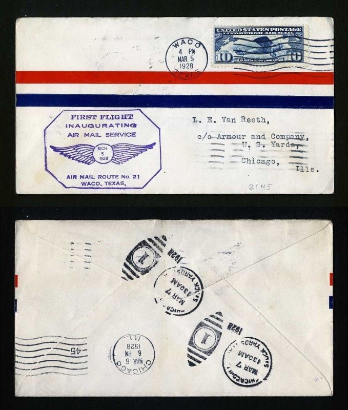 # C10 on CAM # 21 First Flight cover, Waco, TX to Dallas, TX - 3-5-1928 - # 1