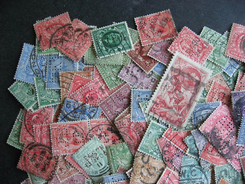 Great Britain 200 perfins mostly KEVII, KGV era mixture(duplicates,mixed cond) 