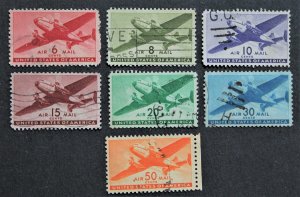 US SC# C25-31 Used Complete Set of 7 Twin Motored Transport Plane (1941-44)