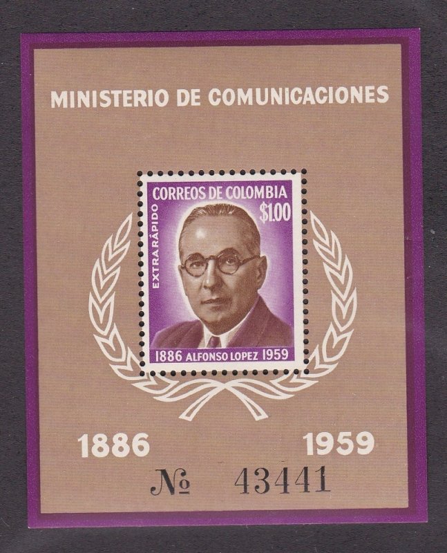 Colombia #  C396, Alfonso Lopez, Souvenir Sheet, NH, 1/2 Cat.