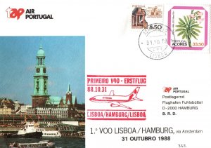 AIR PORTUGAL TAP FIRST FLIGHT FROM LISBON TO HAMBURG AND RETURN CACHET 1988