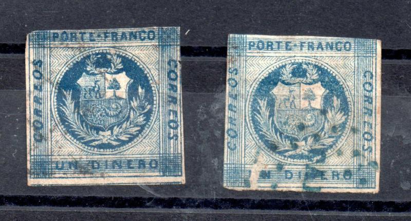 Peru 1860 1d blue x 2 shades WS12263