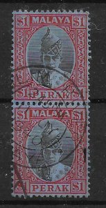 MALAYA PERAK SG119 1940 $1 BLACK & RED ON BLUE PAIR USED SLIM RIVER CDS