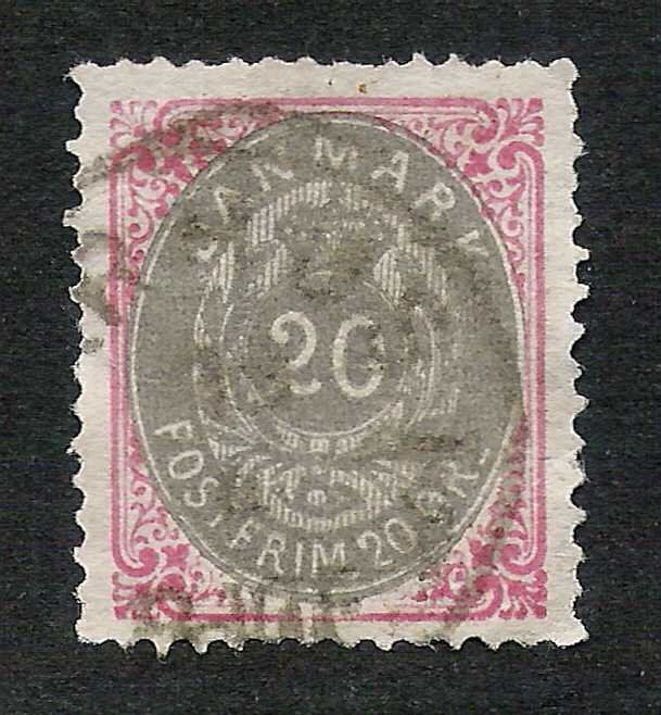 Denmark 1875 20o Oval #31 Yellowish Gray / Carmine Rose Facit 34b Good Used